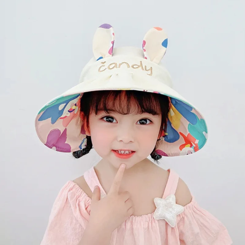 Adjustable Baby Bucket Hat Girls Sun Hat Cute Rabbit Children\'s  Empty Top Cap Large Brim Kids Beach Cap  Bonnet Gorras