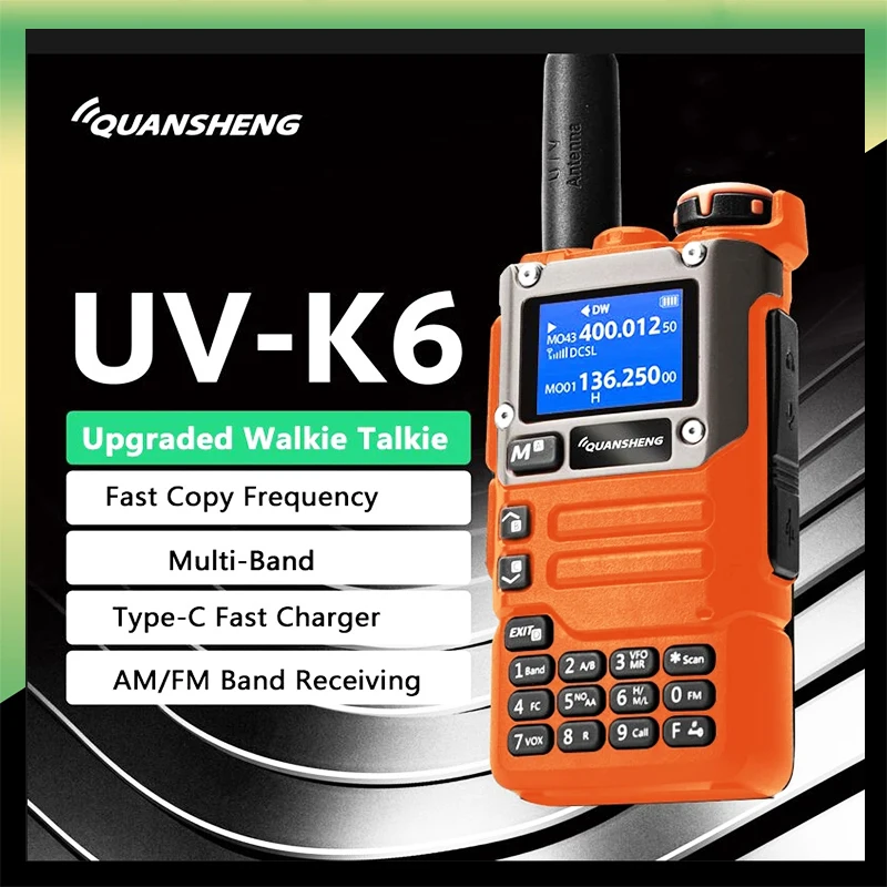 Quansheng UV-K6 Walkie Talkie 5W Orange AM UV-K58 Type-C UHF VHF 50-600MHz Full Band DTMF Wireless Frequency NOAA Two Way Radio