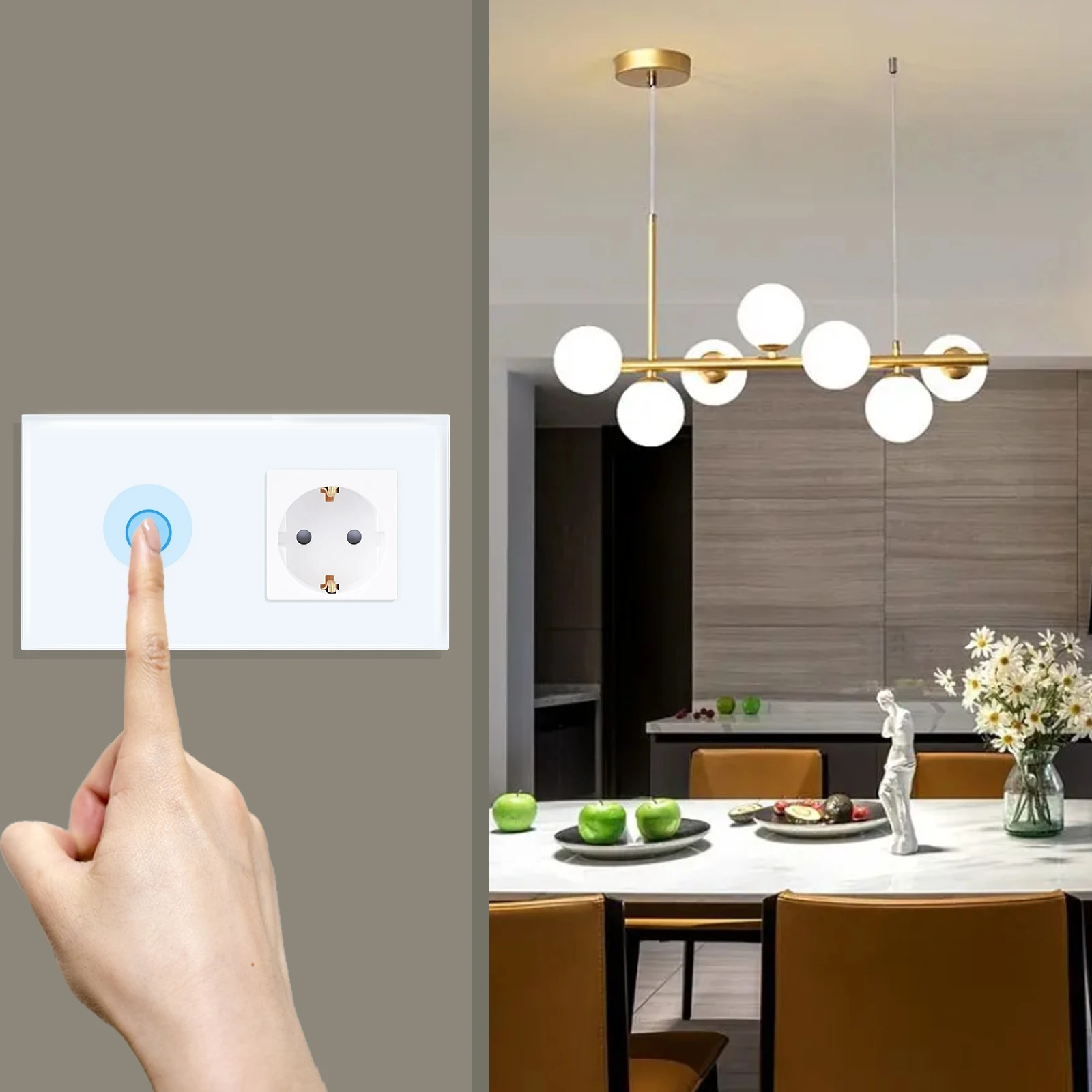 Normal Socket With WiFi Light Switch, Work With Alexa Google Home, Glass Touch Screen,1x1Way, 16A Socket, Neutral Line Required