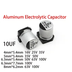 20PCS/LOT 10UF SMD Aluminum Electrolytic Capacitor 16V 25V 35V 50V 63V 100V 4*5.4 5*5.4 6.3*7.7 8*6.2 10UF