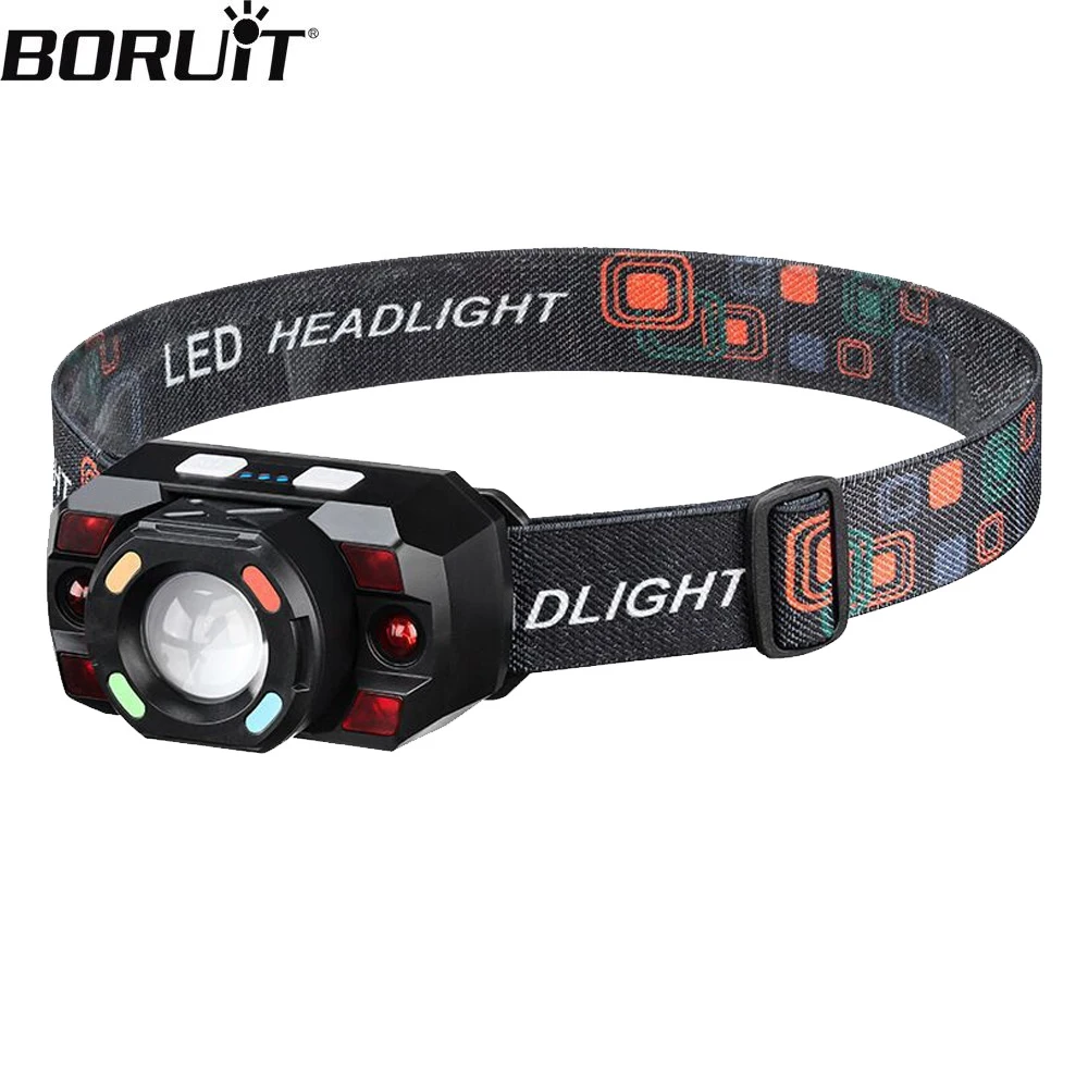 BORUiT Маленький светодиодный налобный фонарь 500LM Type-C Перезаряжаемая сенсорная фара 5 режимов освещения Налобный фонарь для кемпинга и рыбалки Встроенный аккумулятор