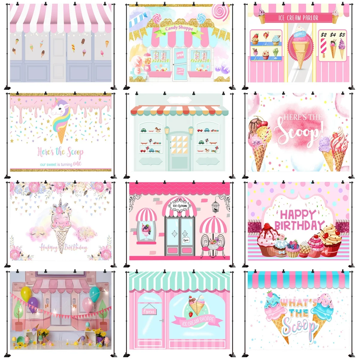 

Ice Cream Shop Background for Photography Baby Shower Props Kids Birthday Party Decor Backdrops Dessert Table Decoration Banner