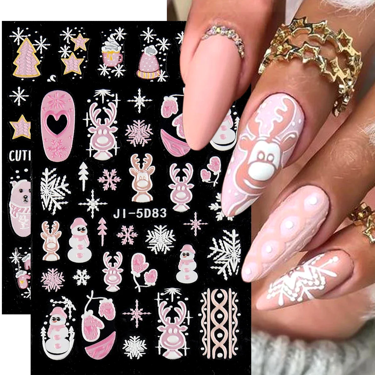 5D Embossed Christmas Nail Stickers Cartoon Reindeer Nail Decals Snowflakes Sweater Knit Design New Year Clock Manicure LEBJI-5D