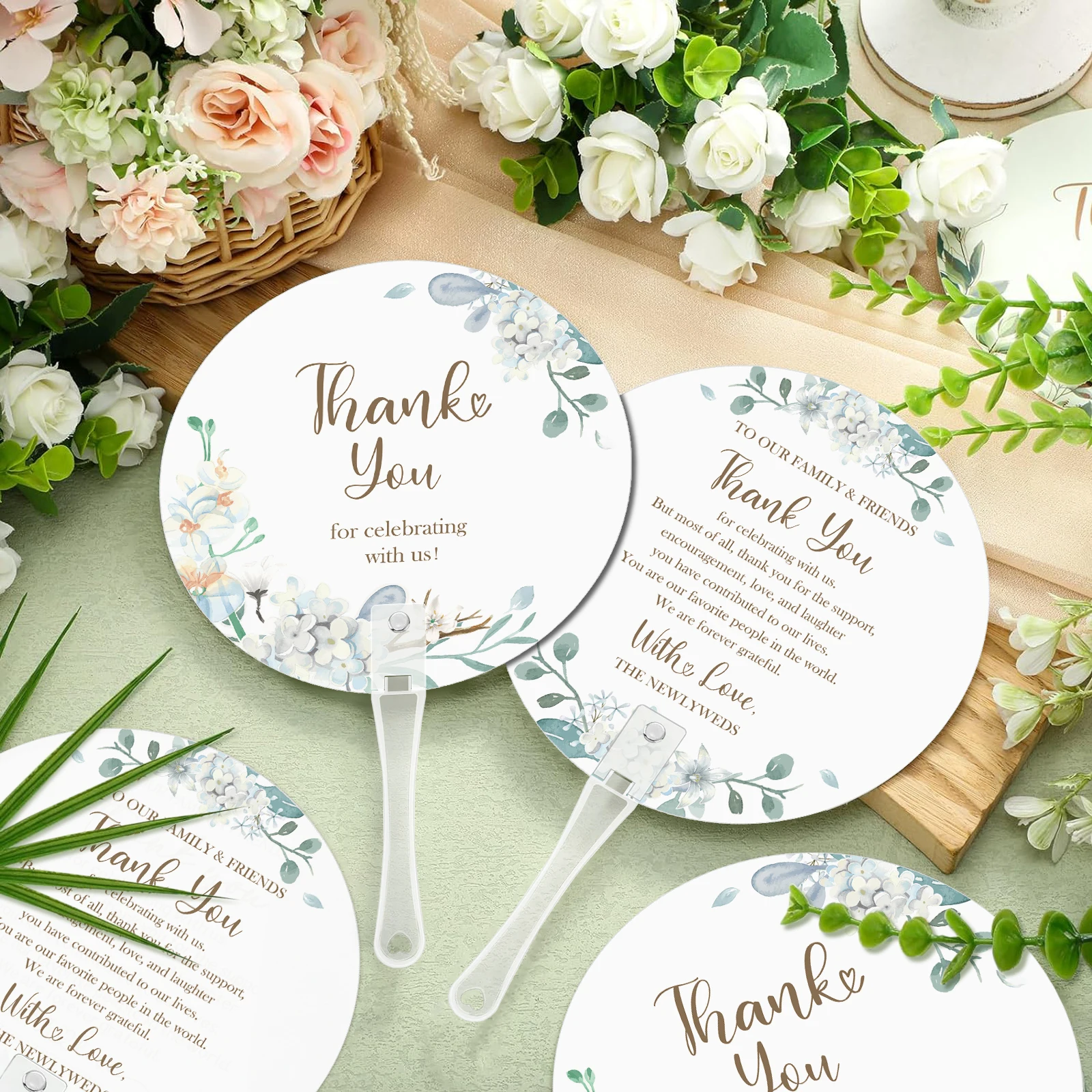 Plastic Wedding Thank You Fans 20-Piece Set - 10.2inch Floral Design with Romantic Text, Bridal Party Photo Props Favors
