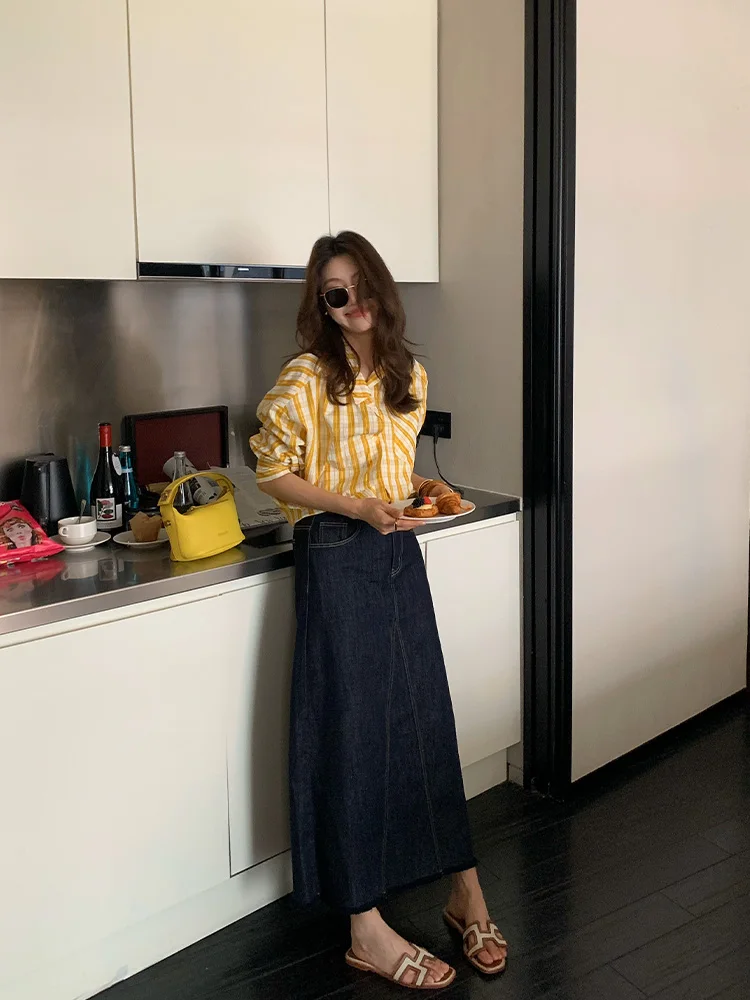 

Long A-Line Denim Skirt Women's Autumn Faion Pear ape Hip Covering High Waist Patchwork Casual Sle Cotton Blend Skirt