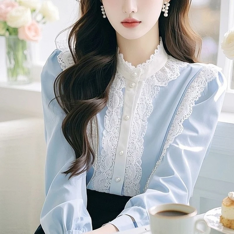 

2025 Spring Fall Women Stand Collar Lace Patchwork Puff Sleeve Blue Top Shirt , Sweet Ladies Cardigan Tops Shirts for Woman