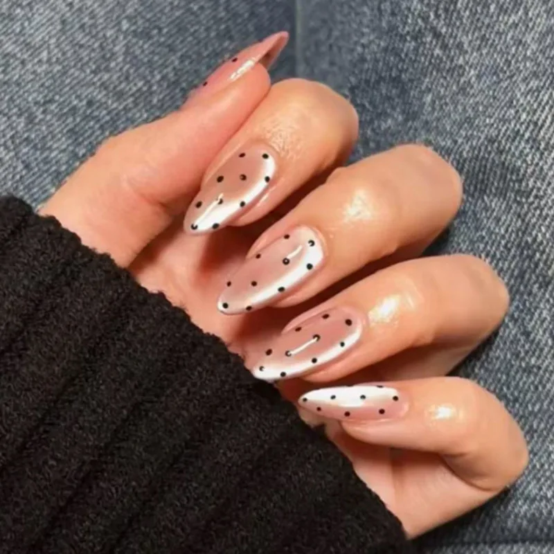 

Medium fake nails for women girls glossy glass effect cat eyes nail tips with polka dots design almond shape press on false nail