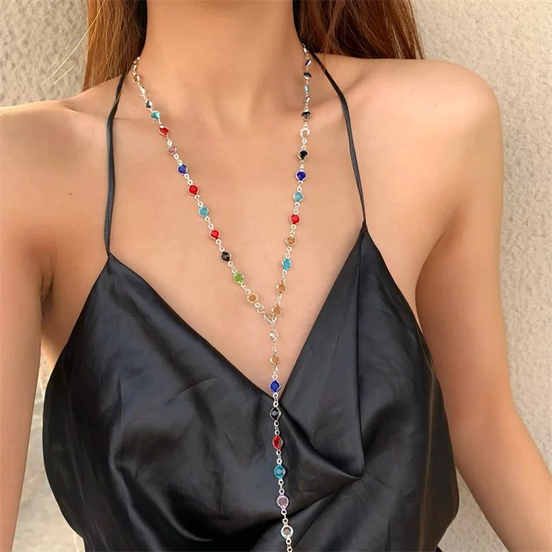 Fashion Colorful Glass Long Y-Shaped Necklace Metal Collarbone Chain Gold Silver Color Summer Holiday Party Body Jewelry Gift