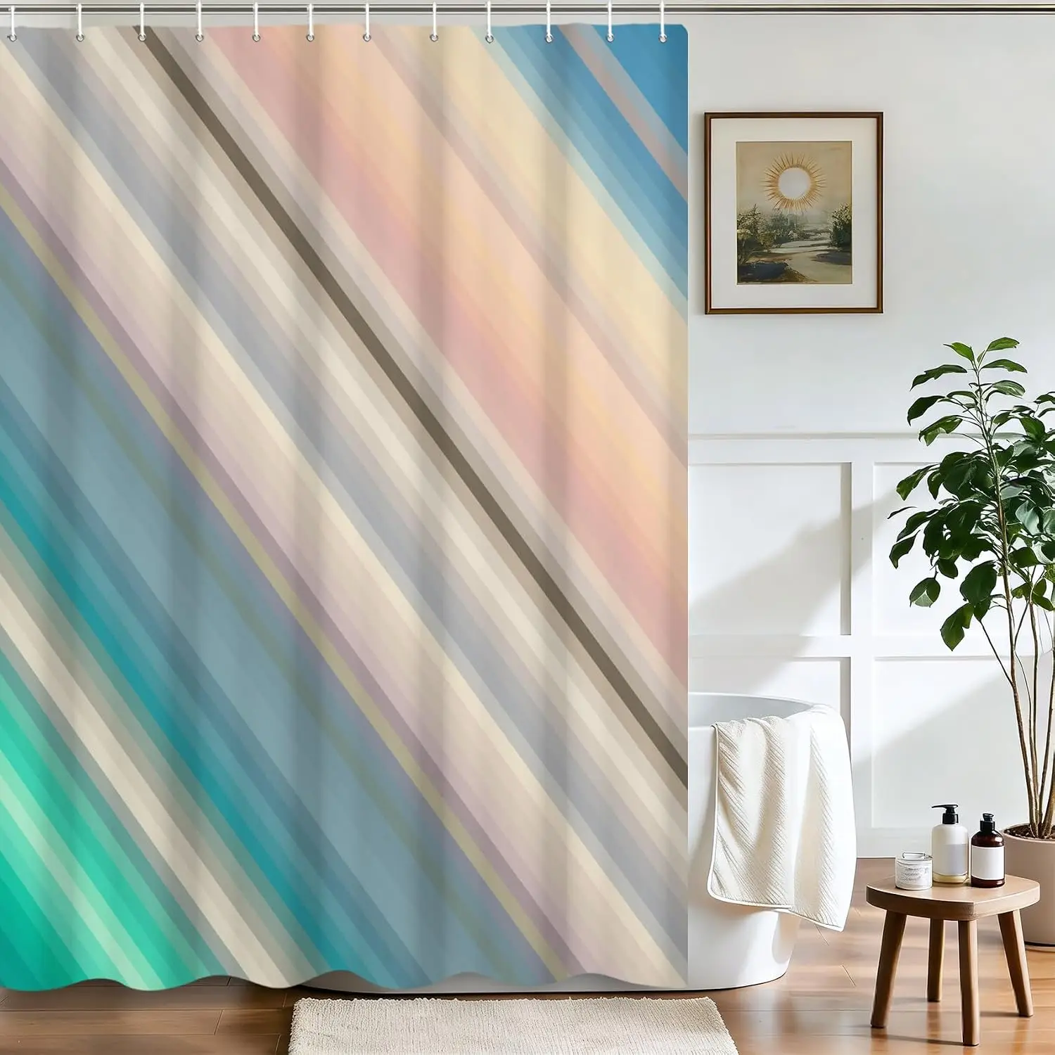 Modern Abstract Striped Gradient Shower Curtain Waterproof Bathroom  Coastal Pastel Stripe Design for Home Decor