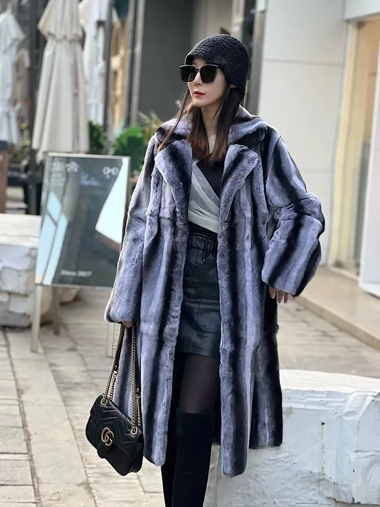 

Real Rex Rabbit Fur Hood Fashion Trendy Long Winter Warm Street Style Jacket High Quality Fur Coat Women