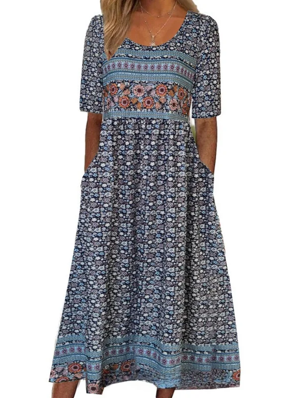 فستان نسائي بوهيمي مطبوع بأكمام قصيرة وخصر مرتفع وبنطلون طويل ماكسي، فستان صيفي غير رسمي بطبعة زهور على شكل حرف A