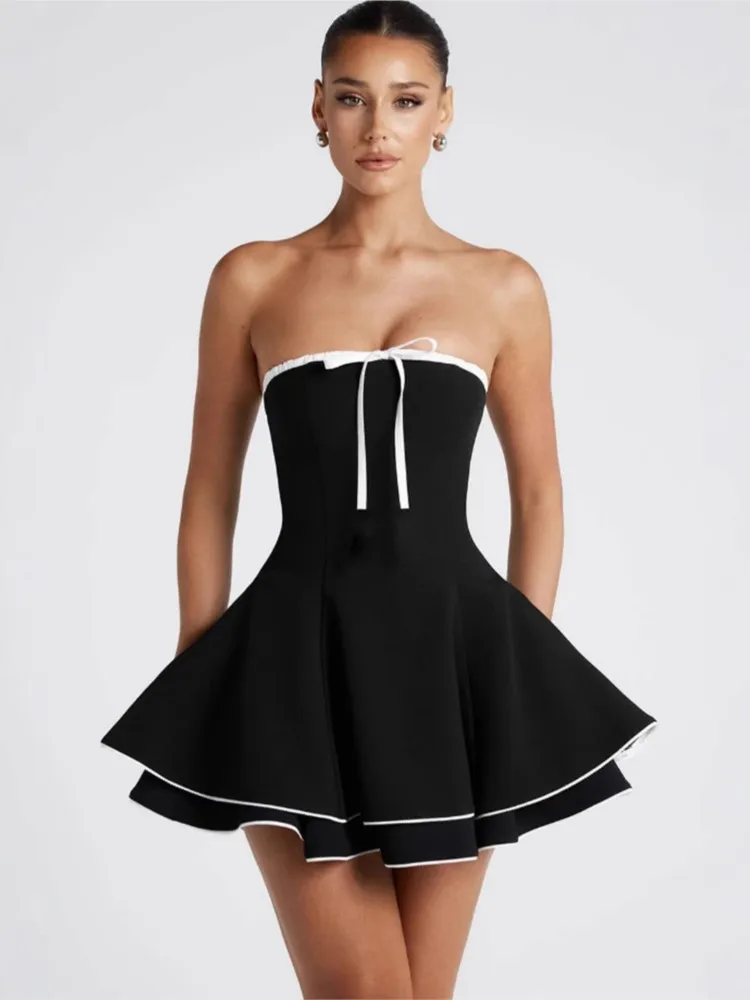 

One Line Neck A-line Dress Vestidos Dresses 2025 Woman Sweet French Piglet Breast Solid Color Simple Style Fashion Slim Bowknot