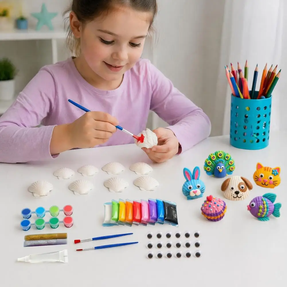 1/2 Sets DIY Shells Painting Craft Kit with Natural Shells Modeling Clay Pigments Glue Eyes DIY Seashell Art Crafts Supplies Set
