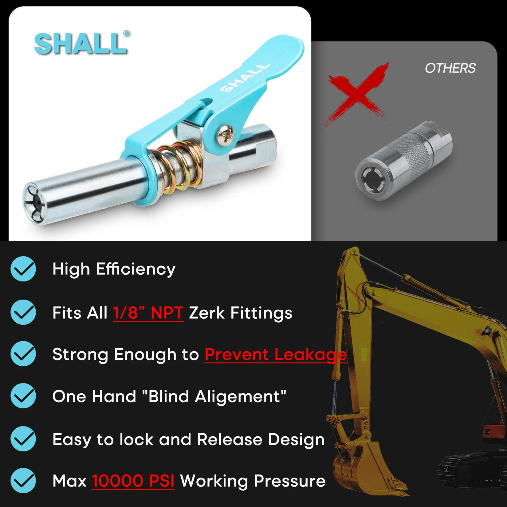 SHALL Grease Gun Coupler Quick Release & Strong Locking Grease Gun Couplers Fit All Grease Guns 1/8\