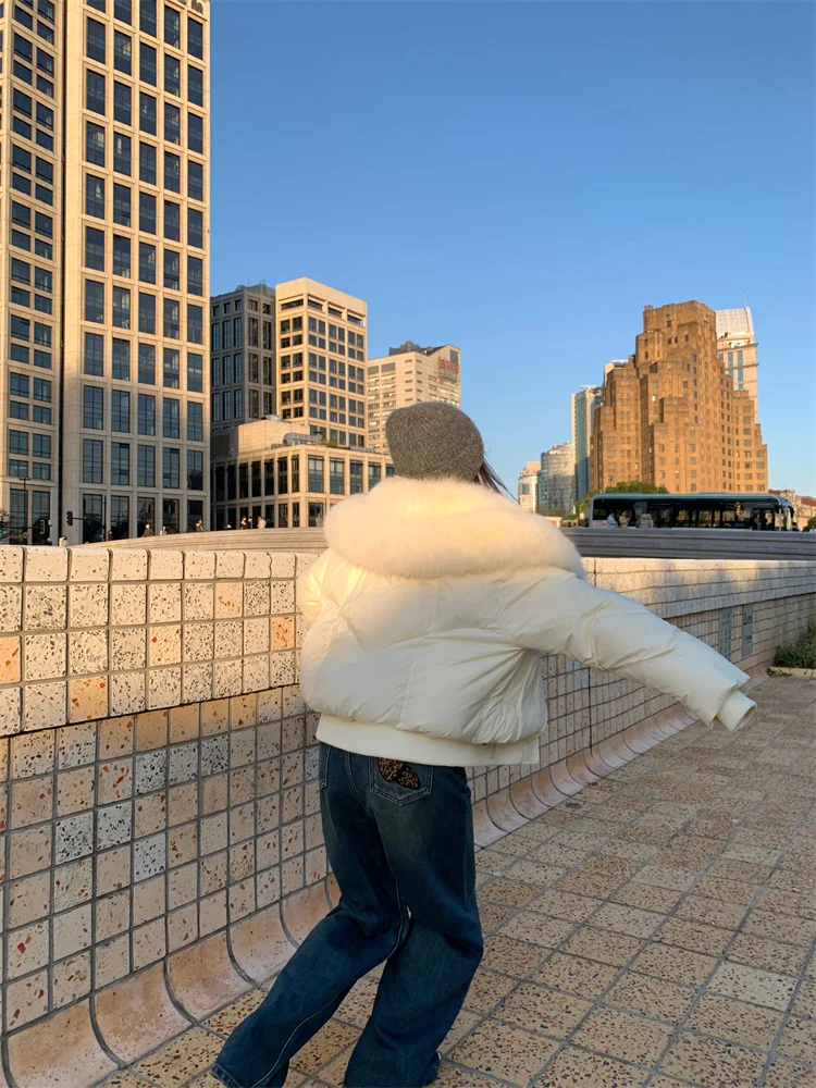 Dames Thiened Ort Down Jaet 2024 Nieuwe Sle Witte Grote Bontkraag Brood Sle Jas Koreaanse Versie Nylon Du Do...