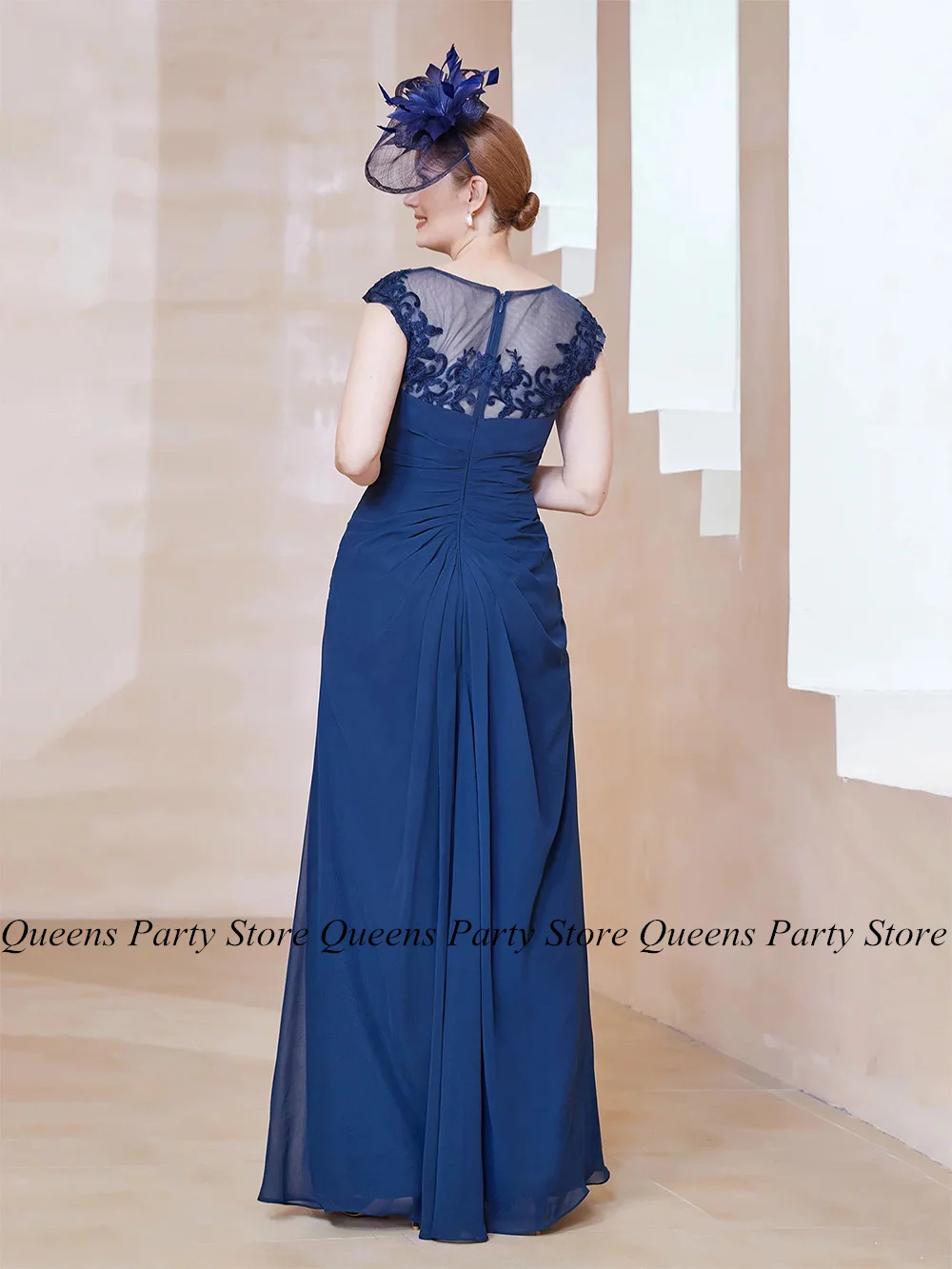 Blue Mother of The Bride Dress Plus Size Cap Sleeve Scoop Neck Applique Pleat Chiffon Mermaid Wedding Guest Dresses Party Gown