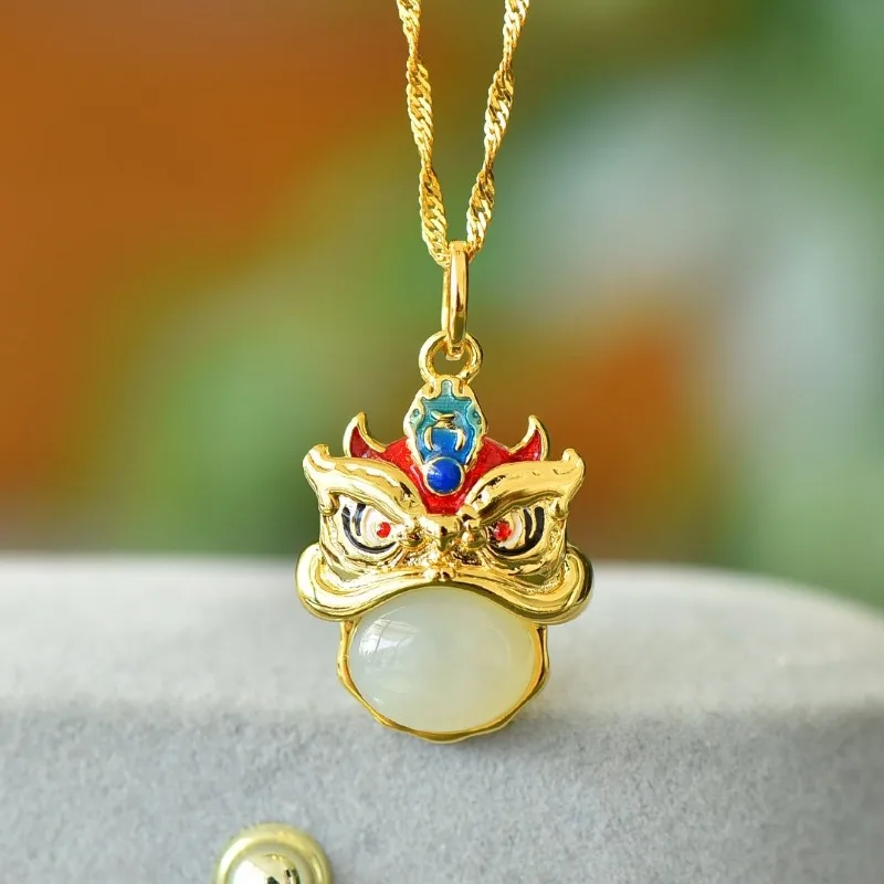 

Exquisite Copper Inlaid Hetian Jade White Jade Lion Enamel Jade Pendant