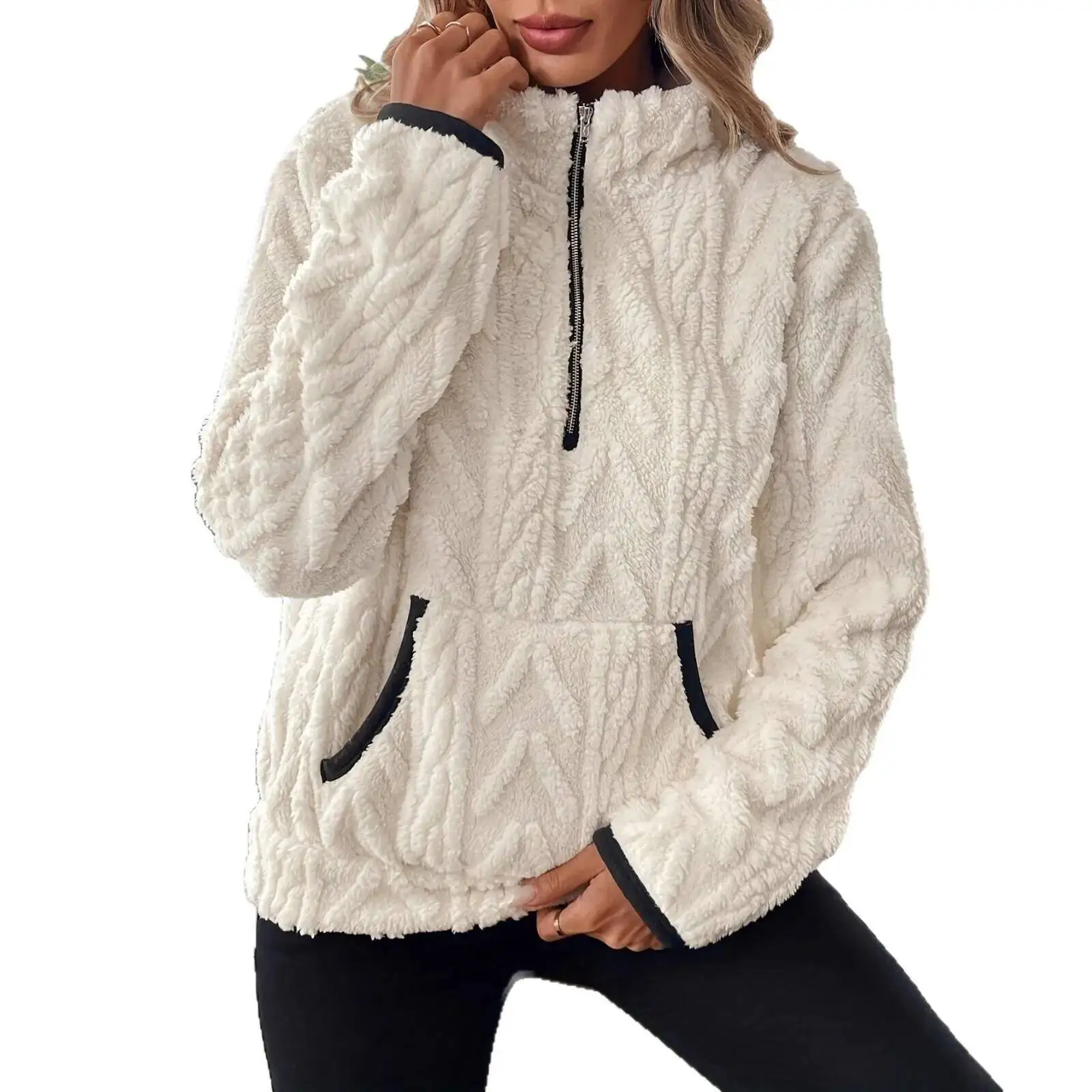 เสื้อสเวตเตอร์ผู้หญิง ฤดูใบไม้ผลิ 2026 รุ่นใหม่ สไตล์ทวีด ปกเสื้อแบบปกเชิ้ต ลายแจ็คการ์ด ซิปครึ่งตัว ผ้าฟลีซ มีกระเป๋า แขนสั้น เสื้อคลุม