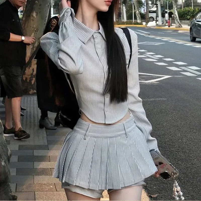 American Style Preppy Striped Long Sleeve Shirt High-waisted Skort Set For Women Spring Autumn 2024 Fashion