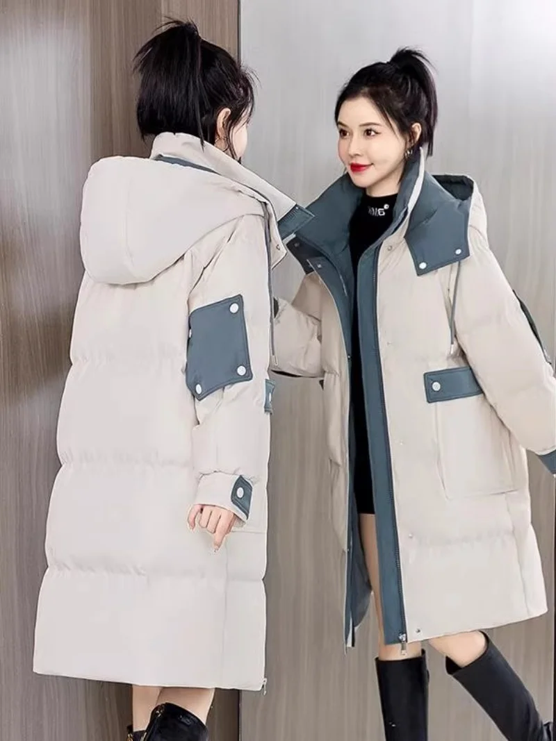 

Lightweight Down Jacket For Women Winter Mid Long Style 2025 Color Blocked Thick Popular Hooded Coat Warmth Parkas W716 ﻿