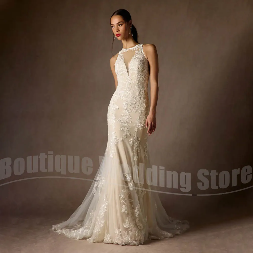 Elegante kanten trouwjurk voor dames, halterhals, applicaties, zeemeerminjurk, mode, tule, sweeptrein, bruidsjurk voor bruiloft