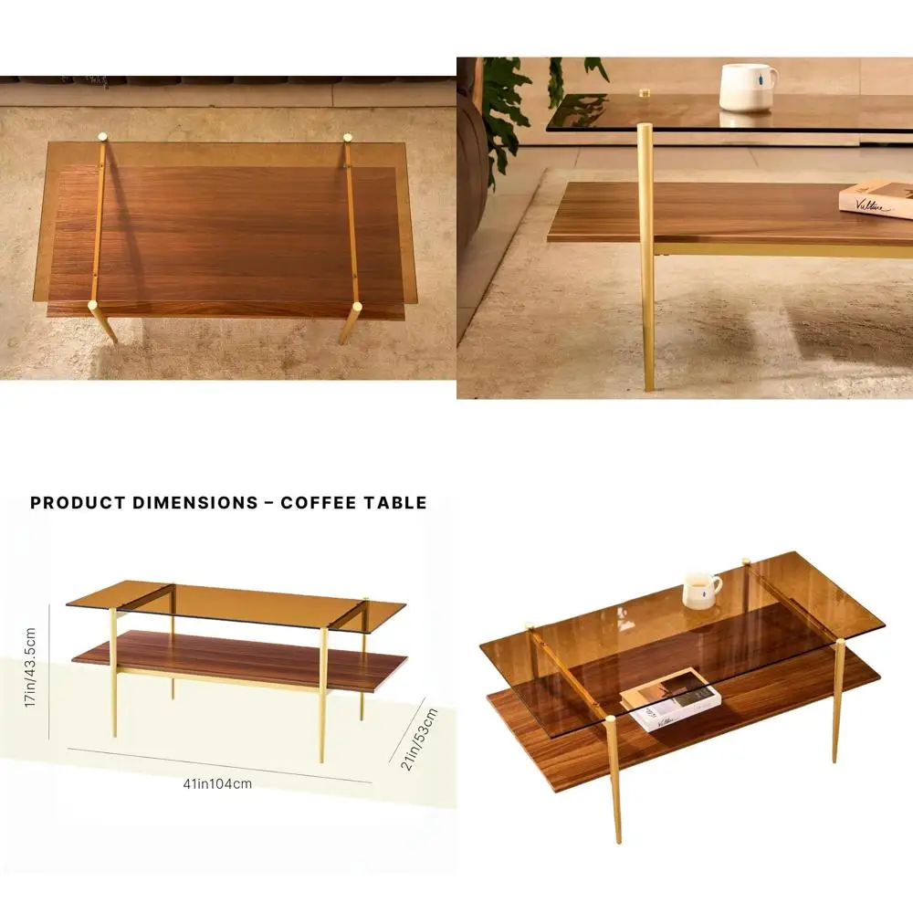 

Mid-Century 2-Tier Coffee Table with Amber Glass and Walnut Shelf, Gold Metal Legs, 41x21x17