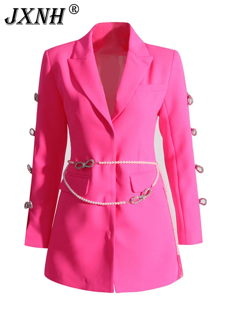 

2024 Autumn New Design Style Temperament Hollow Bow, Rhinestone Sleeves, Pearl Belt, Suit Dress For Women