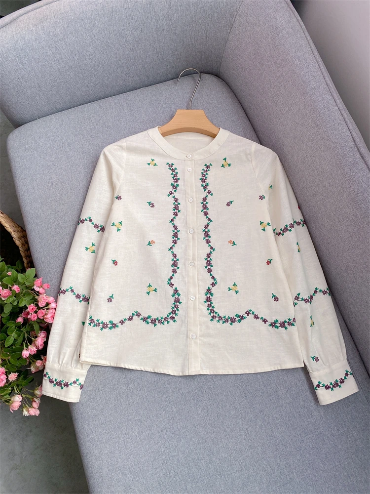 

Embroidered Long Sve Floral irt Women's round Ne Cotton Linen Blend Top Ele Spring Summer Faion Ladies...