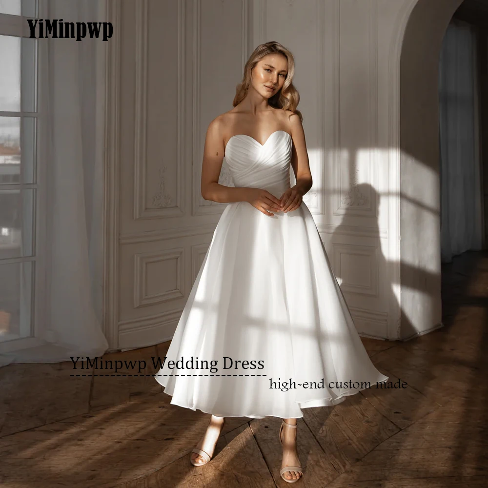 Gaun Pengantin Midi A-Line 2025 Tanpa Lengan Korset Organza Tanpa Tali Model Tea-Length Gaun Pengantin Custom vestidos de novia