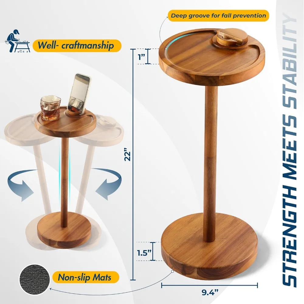 Acacia Wood Rotating Phone Holder Side Table with Weighted Base, Compact Drink Table for Small Spaces
