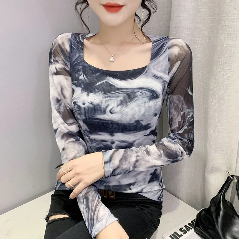

Fashionable Sfumato Mesh Long-sleeved T-shirt for Women in Spring and Autumn New Textured Square Collar Printed Bottoming Shirt
