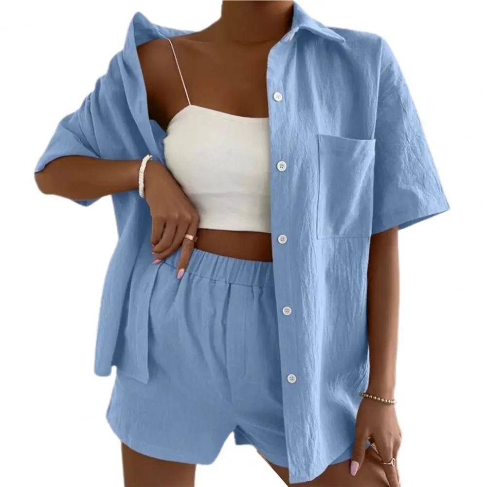 Vacation Fashion Women'S Suit Casual Solid Shorts And Shirt Top Two Piece Sets Lapel Shirt Temperament Commuting Sexy Slim Suits