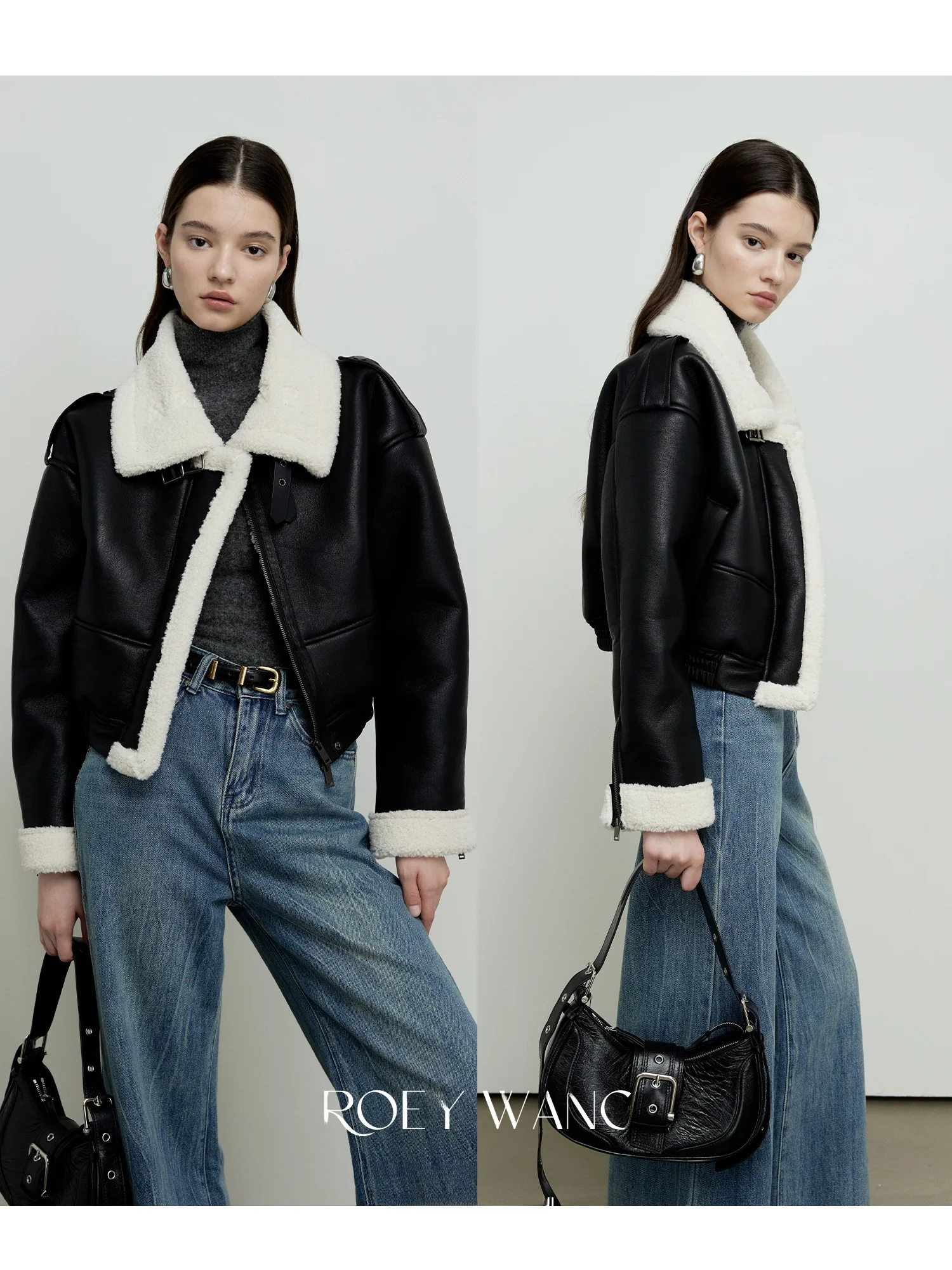 Roeywang pele de cordeiro ort biker jaet casaco de couro acolchoado de calor feminino mistura de lã de poliéster longo fecho de zíper sve