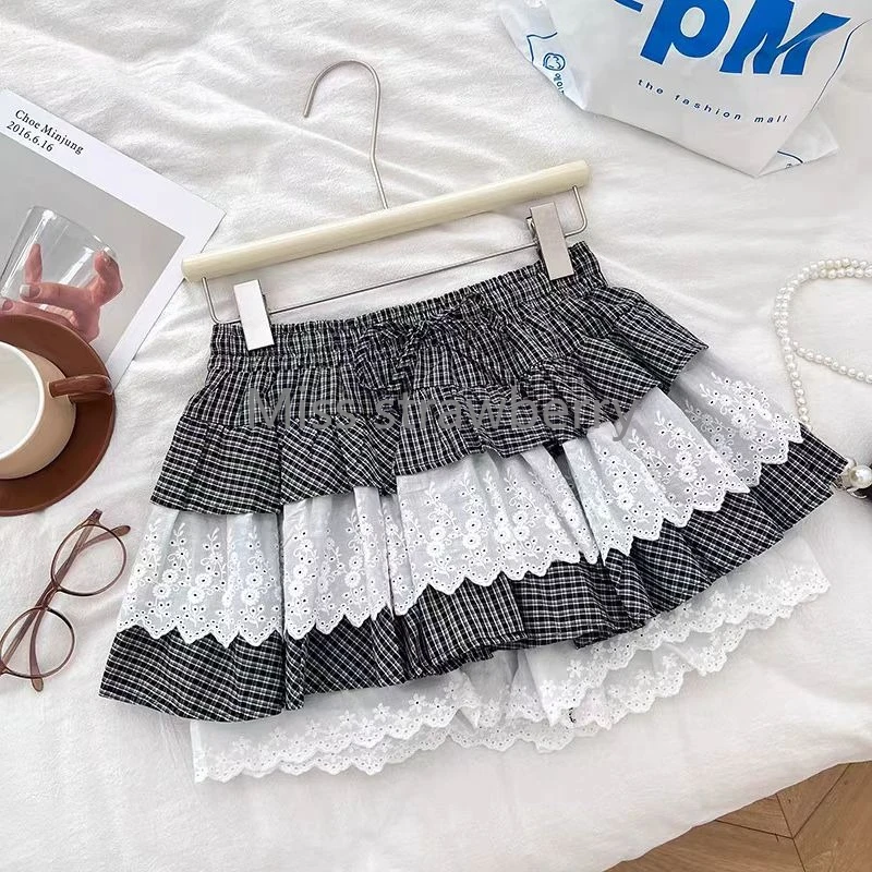 Summer Vintage Lace Elastic Waist Short Skirt Women High Street Y2k Patchwork Plaid Skirts Female Design Hepburn  A-line Skirt