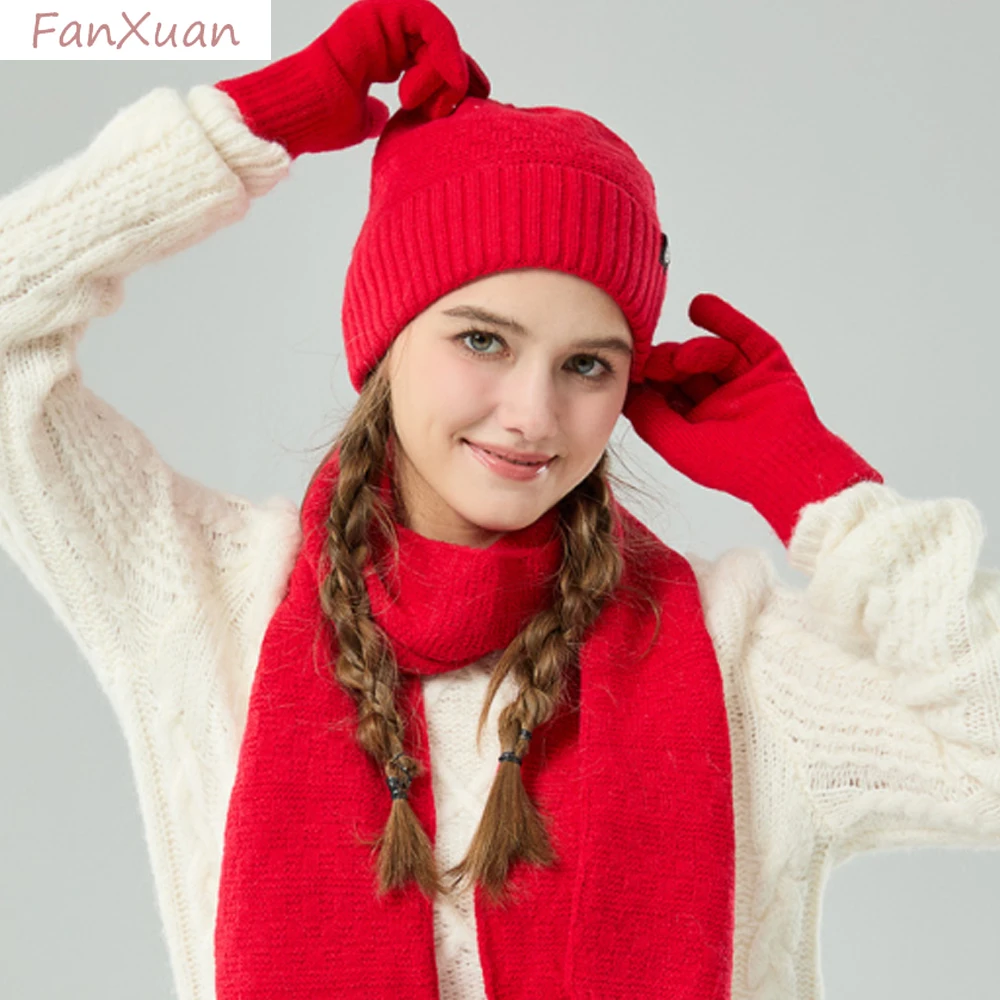 3 قطعة قبعة الشتاء وشاح قفاز مجموعات للرجال النساء محبوك قبعات صغيرة مجموعة وشاح طويل قفازات شاشة اللمس هدية الأسرة