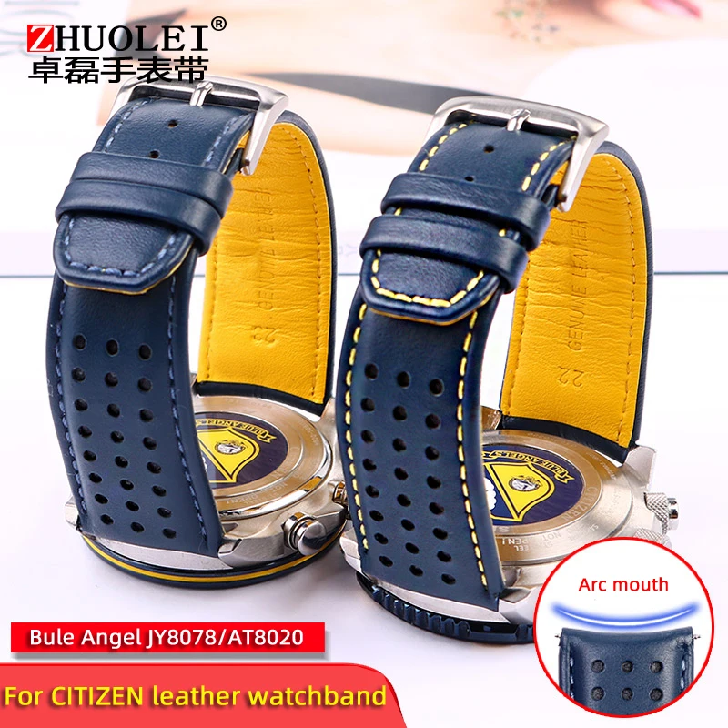 For CITIZEN Blue Angel Men Radio Wave Watch AT8020-54L/8020-03L/JY8078 curved end Genuine Leather Watchband Bracelet Strap 22 23