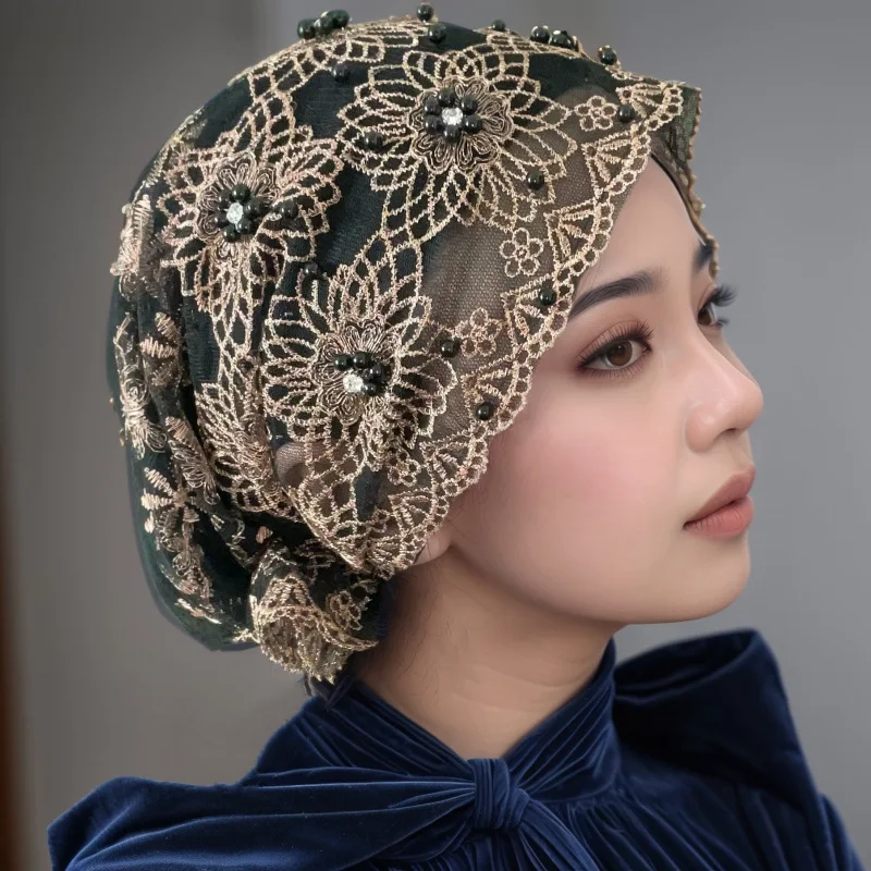 Women Stylish Headscarf Hat Embroidered Beaded Double Layer Lace Hats Underscarf Bonnet Beanies Hair Loss Cover Muslim Hijab Cap