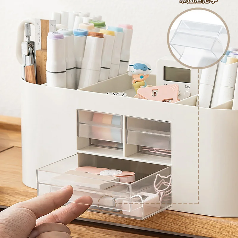 

HVV Student Stationery Pen Holder with 3 Transparent Drawers Cute Large Capacity Desktop Organizerr Stationery Storage Box