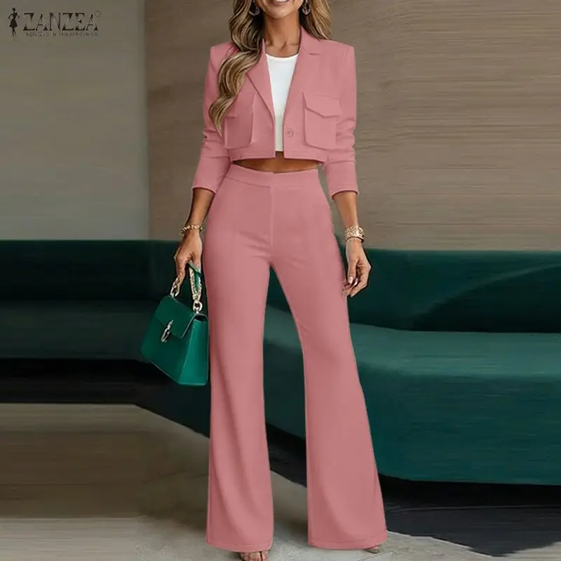 

Women's Fashion Pant Suits Elegant Lapel Neck Short Jackets & Wide Leg Pants 2 Pieces Sets ZANZEA Office Lady Commuting Outfits
