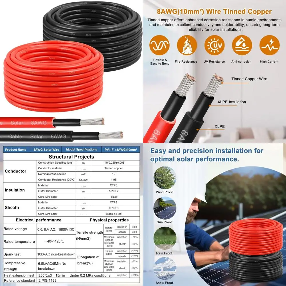 

Кабели-удлинители из луженой меди 8 AWG (10 мм²) - 30 футов, черные и красные, для использования на улице, в автодомах и на морских судах