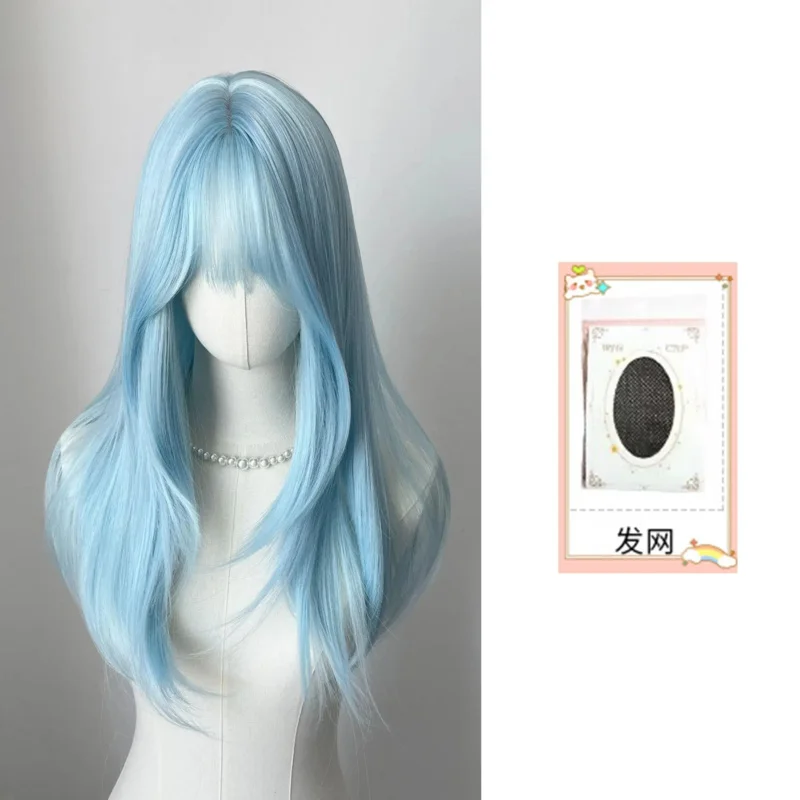 Peluca de pelo liso medio de 22 pulgadas con flequillo, diadema de aspecto natural Lolita, peluca de fibras sintéticas resistentes al calor