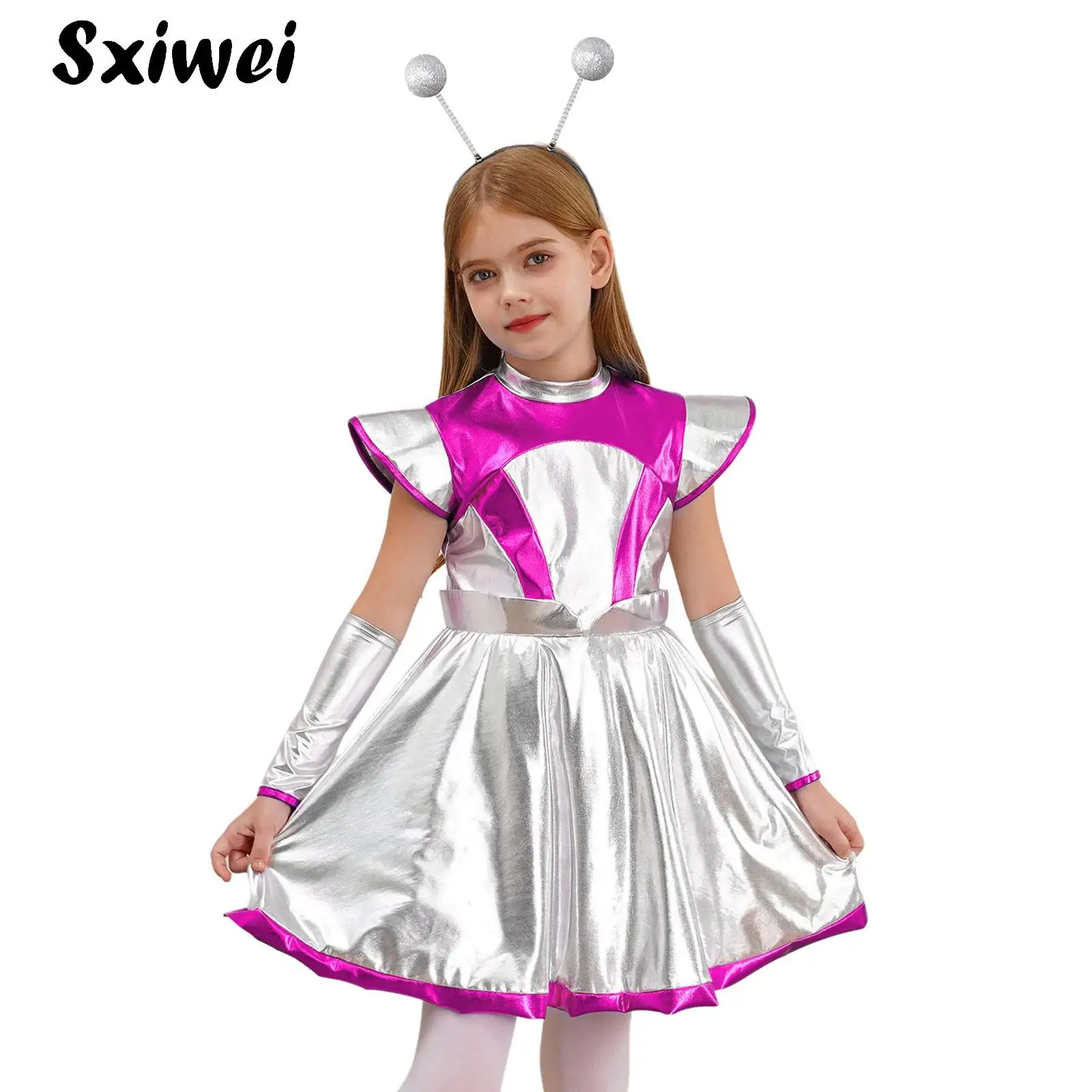 

Kids Girls Shiny Space Astronaut Costumes Outfits Alien Outerspace Halloween Cosplay A Line Tutu Dance Dress with Hair Hoop Set