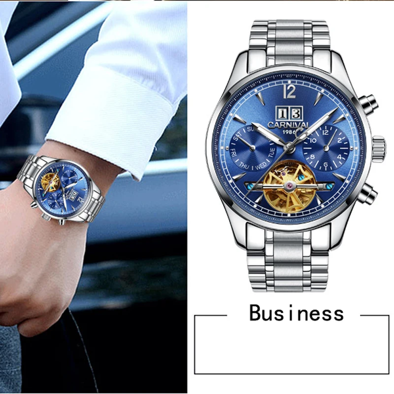 CARNIVAL Automatic Self-Wind Watches Men Luxury Brand Tourbillon Mechanical Watch Luminous Waterproof Date Clock Reloj Hombre