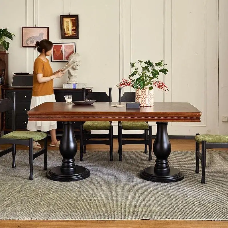 French retro solid wood dining table large board table thickened Roman column dining table eating