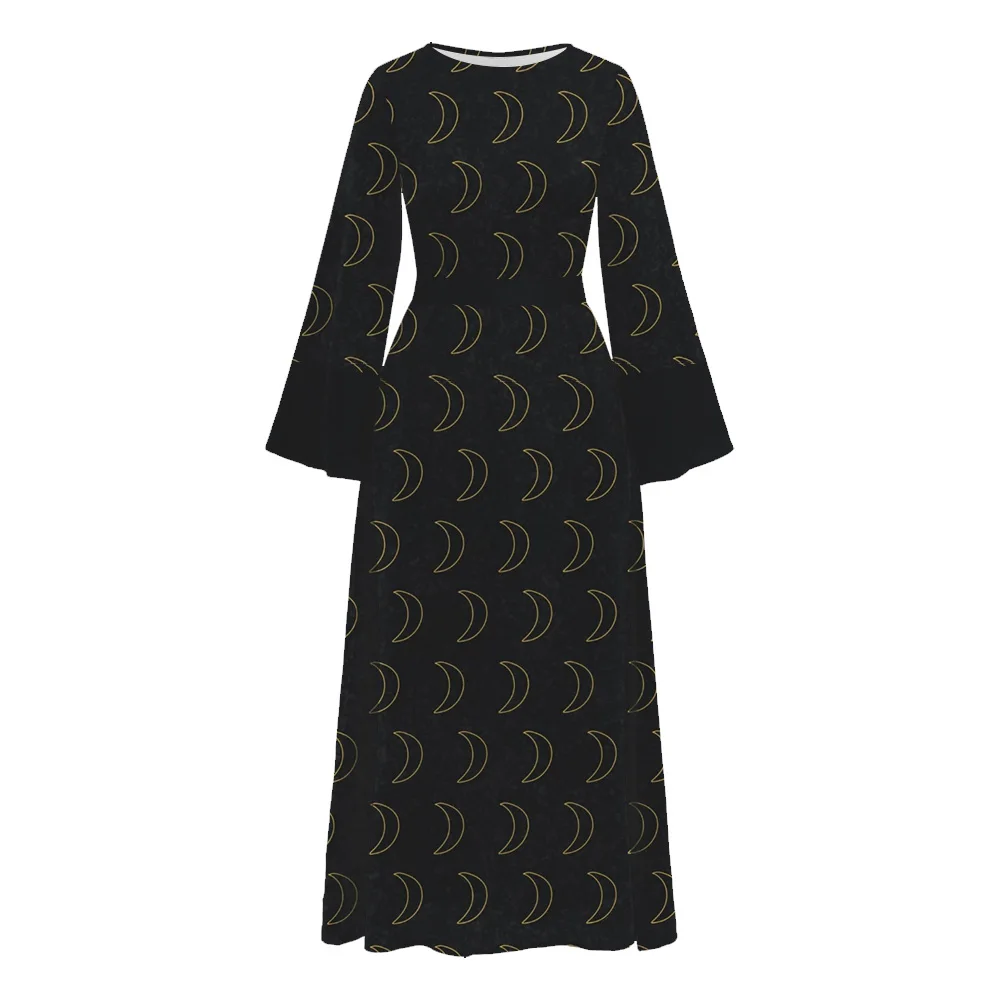 Ramadan Eid Muslim Islam Female Abaya Flare Sleeve Dubai Turkey Saudi Black Caftan Maxi Dress Demure Moon Printed Tunic Robe