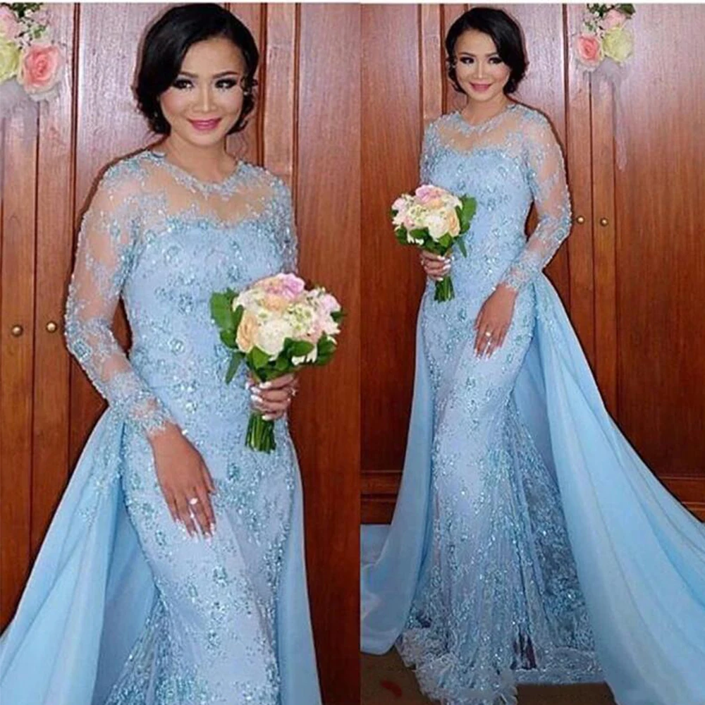 Vestidos de madre de la novia de sirena de encaje de gasa azul cielo claro con sobrefalda de tren vestidos de fiesta de boda de graduación de noche brillantes