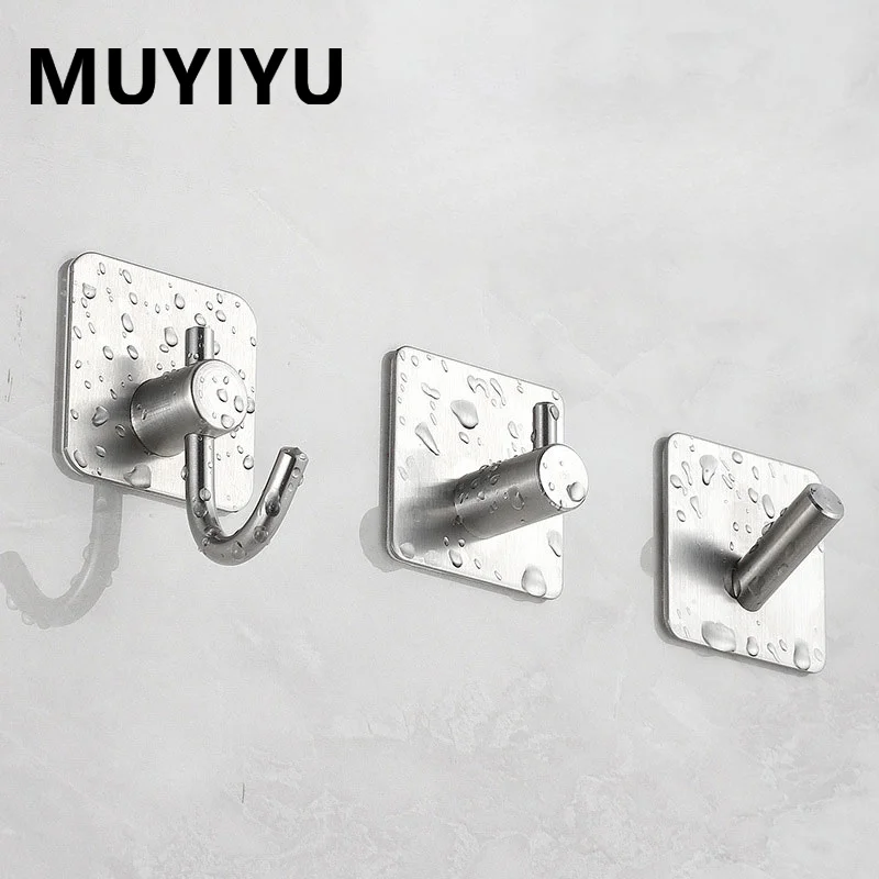 MUYIYU Adhesive Wall Hook Stainless Steel Towels Hooks Hanging Key Holder Bag Hanger Bathroom Accessories Kitchen Organizer