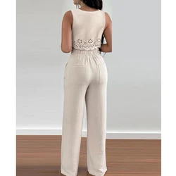 Set di pantaloni estivi pantaloni a gamba larga con fiori bruciati gilet senza maniche Top con lacci completi da 2 pezzi completi da donna abbigliamento