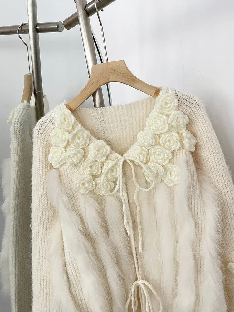 Women New Spring Winter Real Fox Fur Cardigan Clothing 3D Flowers Kint Sweater Coat Female Loose V-neck Knitwear Jacket