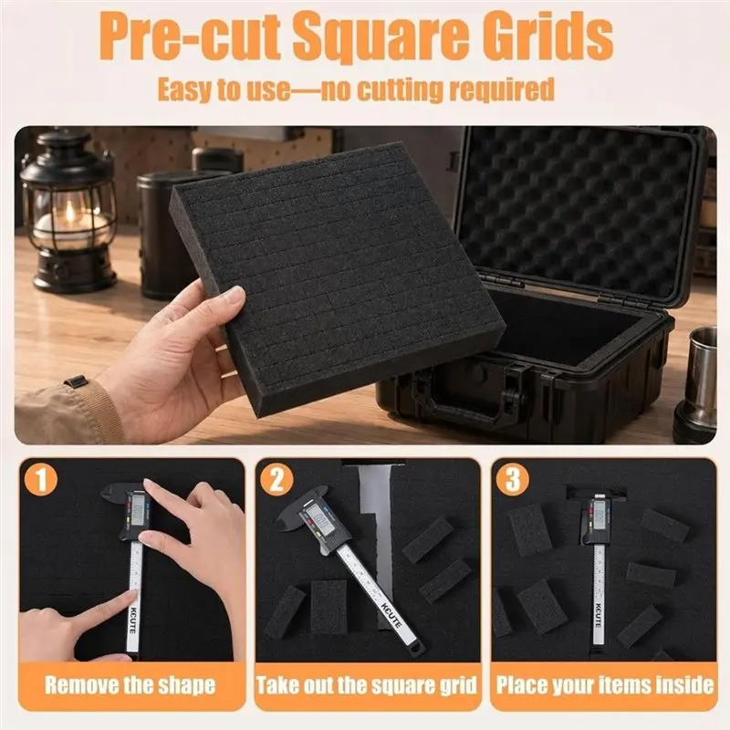 AB34-4 Pack Pick And Pluck Foam Inserts 12X12x2 Inch, Black Pre-Cubed Sheets High Density Polyurethane, For Toolboxes, Cases